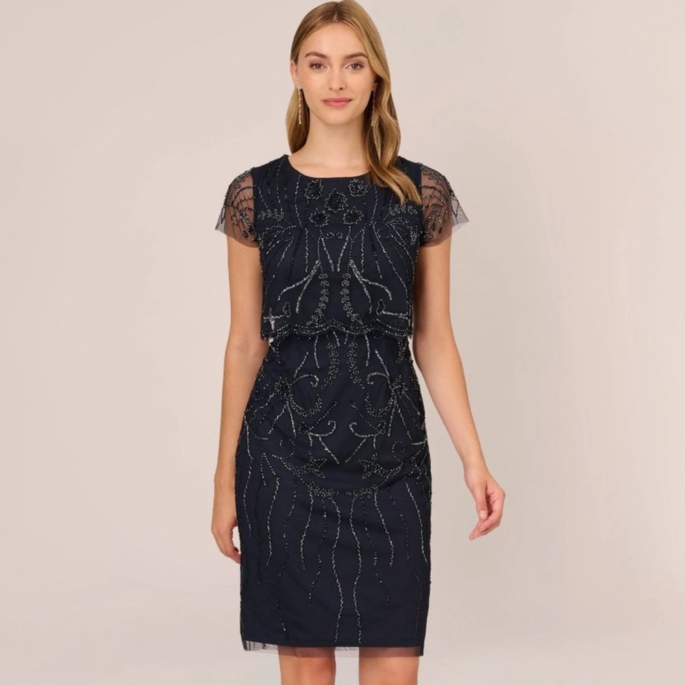 NWT Adrianna Pappell Blue Beaded Sheath Cocktail Dress Size 4
